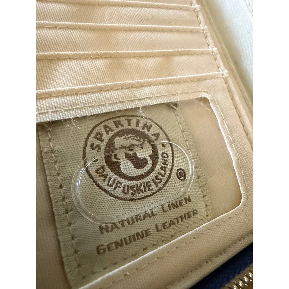 Spartina 449 Blue Cream Linen Leather Wristlet Wallet Zip Around Organizer